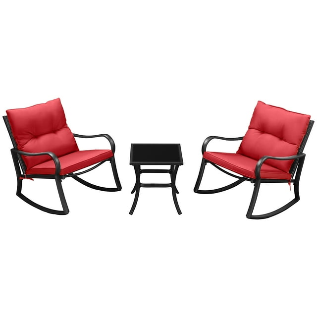 Outsunny 3 Pieces Patio Wicker Rocking Chairs Table Set, Outdoor PE Rattan Furniture with 2 Rockers & 1 Coffee Table w/ Padded Cushions for Deck, Backyard, Garden, Red