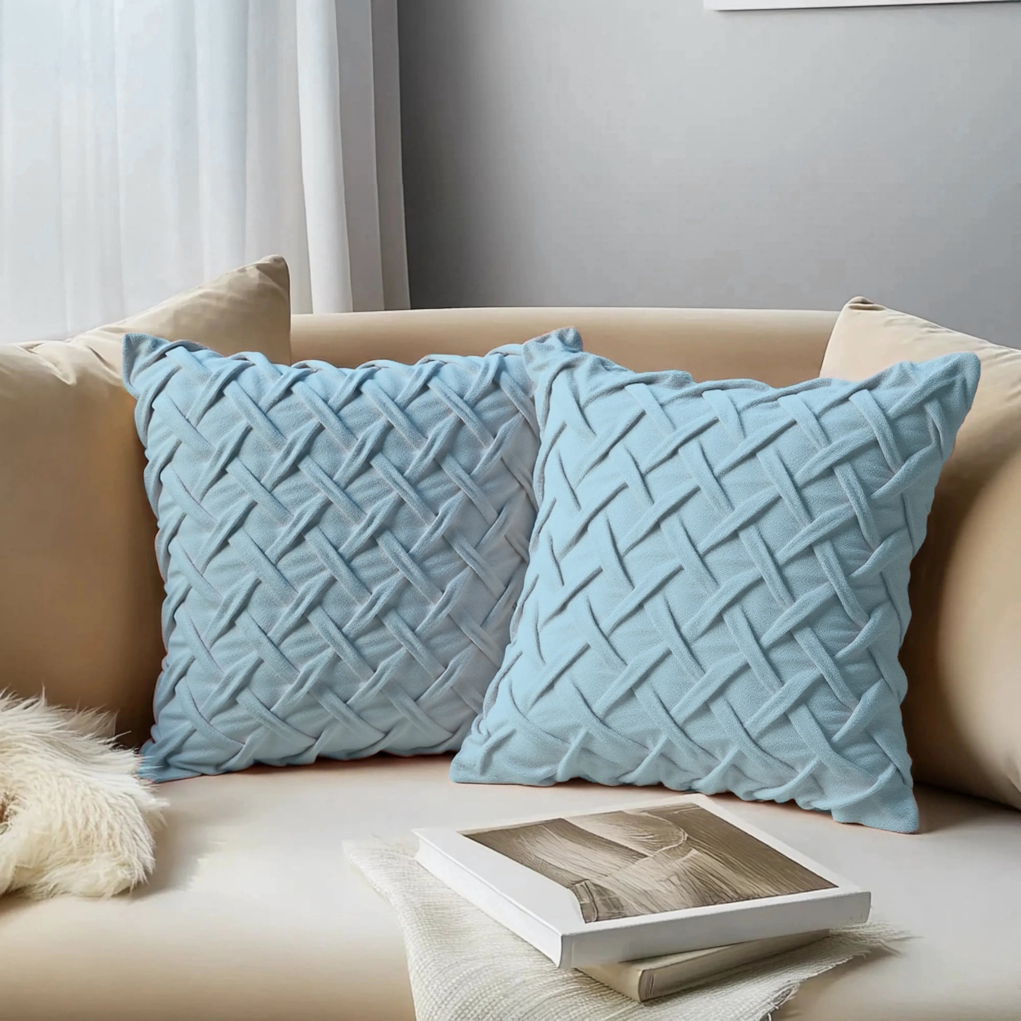 Unique Bargains Pack of 2 Soft Solid 3D Weaving Throw Pillow Covers Blue 18" x 18"