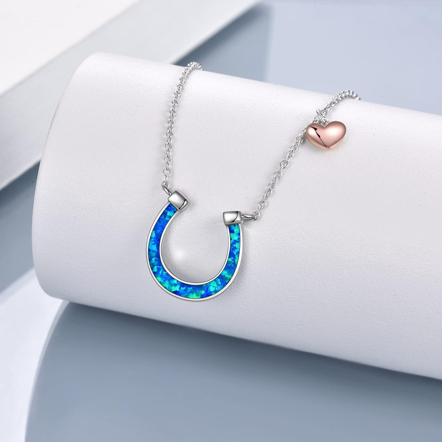 YAFEINI Opal Horseshoe Necklace for Women Sterling Silver Horse Jewelry Gifts 15+2''