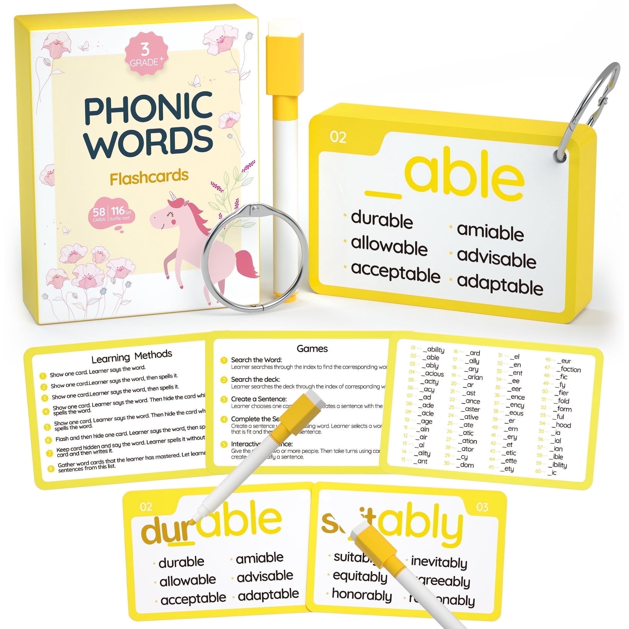 116 Set Phonics Suffix Words Flash Cards Sigh Words Flash Cards Phonics Flash Cards for 7 8 9 10 11 12 Years 2nd 3rd 4th 5th Grade Boys&Girls&Kids Learning Writing Reading
