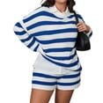 thumbnail image 4 of Womens Plus Size 2 Piece Striped Knit Set Long Sleeve Tops and Shorts Oversized Lounge Outfits, 4 of 6