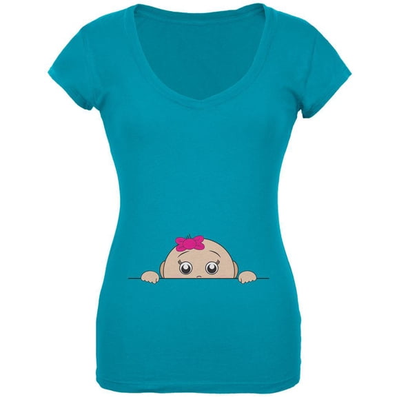 Peeking Baby Girl Turquoise Juniors V-Neck T-Shirt - Medium