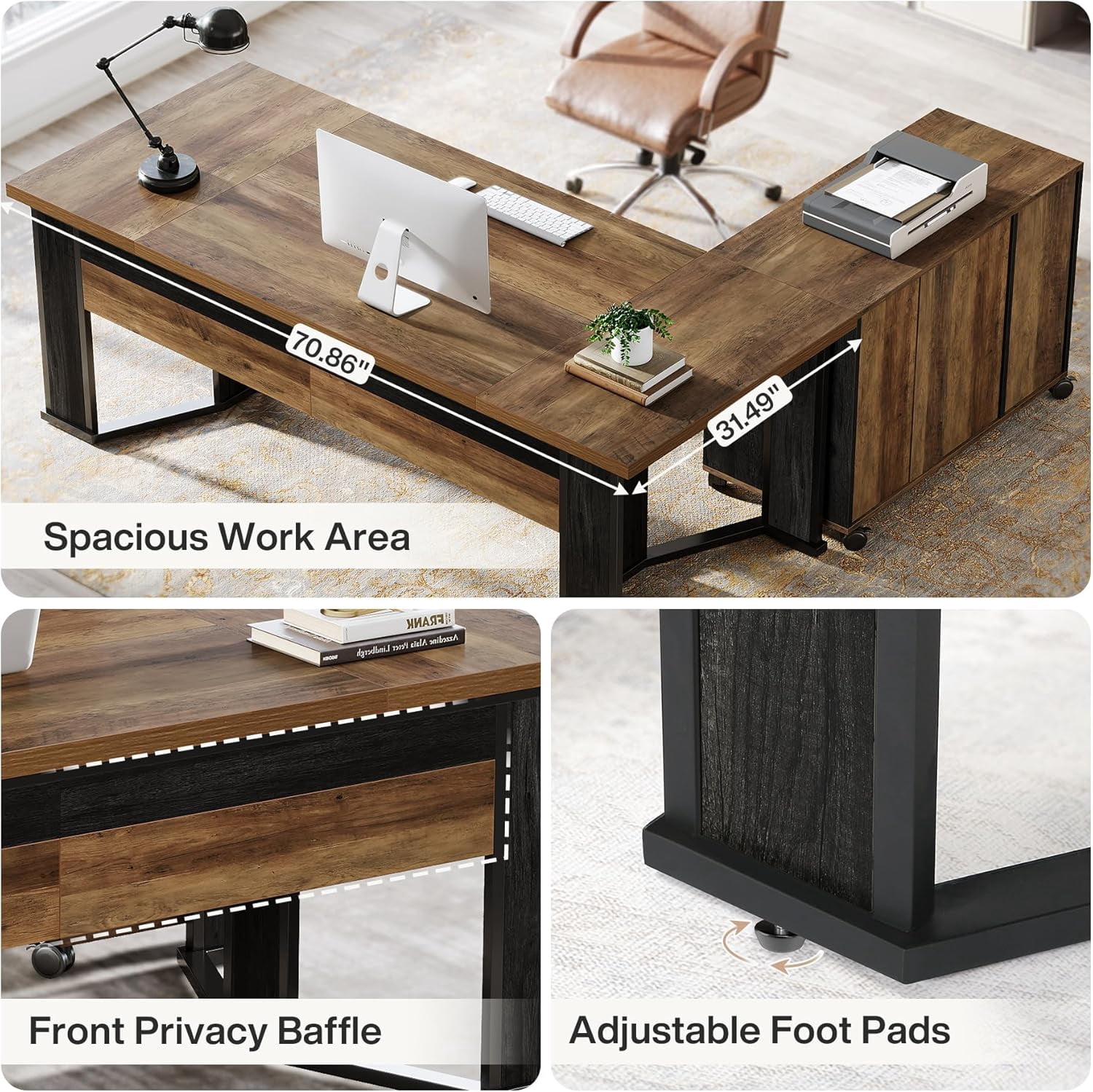 Tribesigns 70.86" Executive Desk with Mobile File Cabinet, Large L Shaped Computer Office Desk with 2 Drawers and Storage Shelves, Business Furniture Desk Workstation for Home Office, Brown