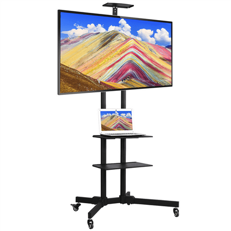 Wooden Flat Screen Tv Stands Height-adjustable Mobile TV Stand with Lockable Wheels & Storage Shelves for 32-65 inch LCD/LED Flat Screen ()