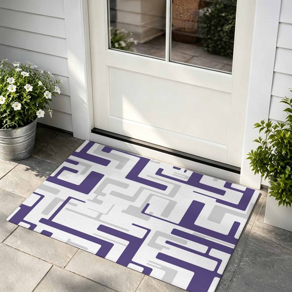Door Mat 16x24in Purple Geometric Stripes Absorbent Non-Slip Washable Doormat Modern Abstract Lines Dirt Trapping Low Profile Entryway Rug, Indoor Outdoor Welcome Mat for Home Entrance