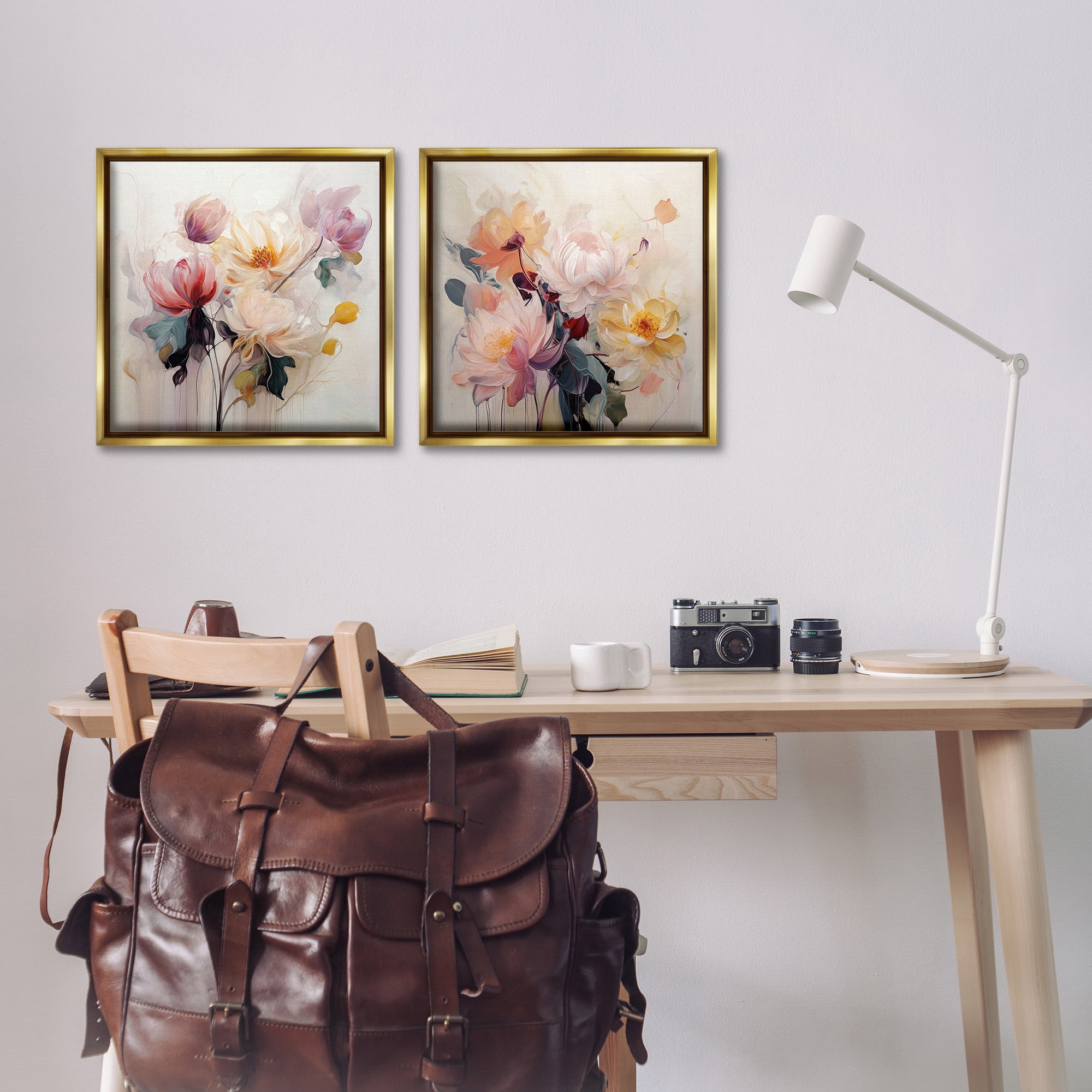 Stupell Industries Soft Blooms on Beige Botanical & Floral Painting Gold Floater Framed Canvas Art Print Wall Art, 18 x 18, Set of 2