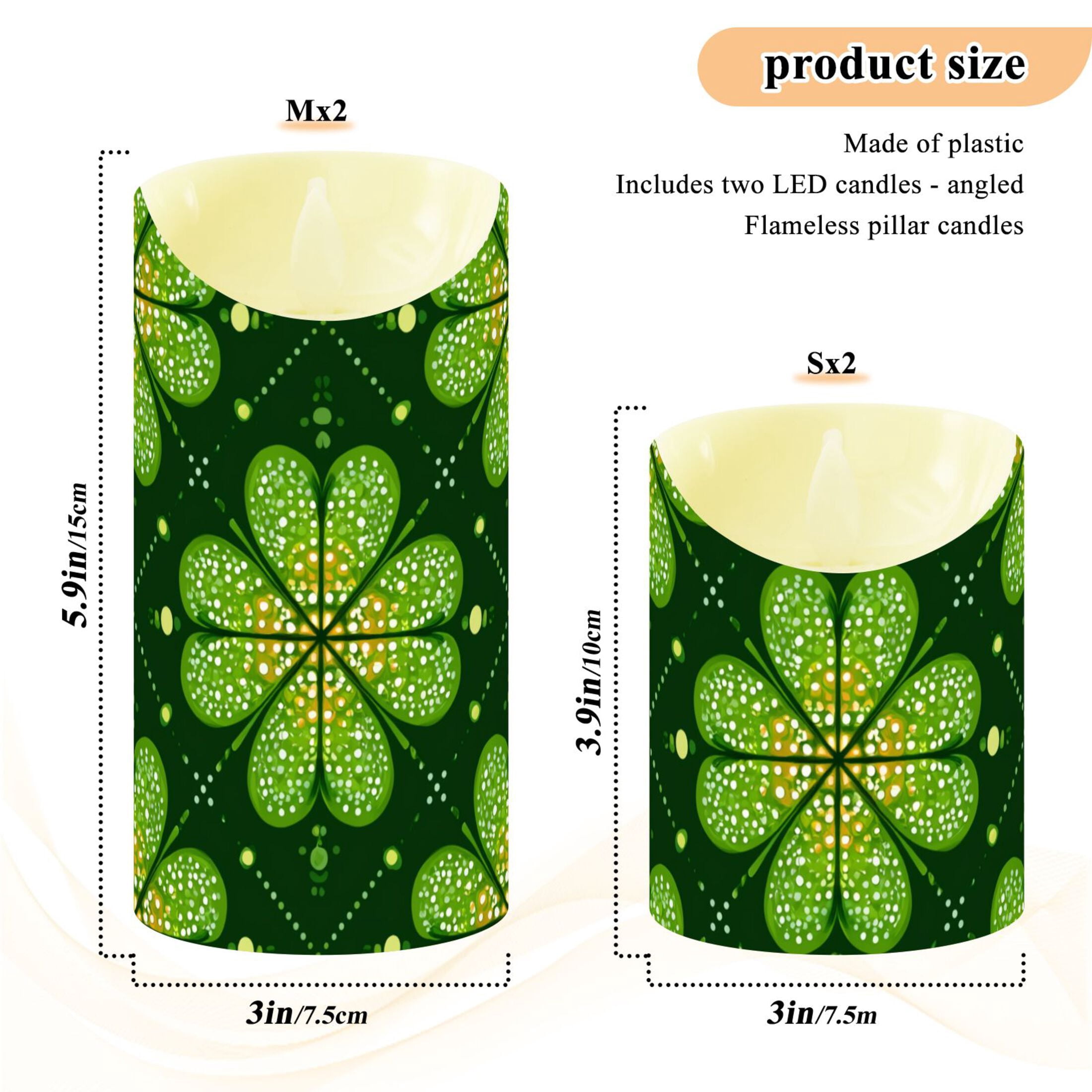 Clovers on Grids St Patricks Day Flickering Flameless Candles with Remote Timer Battery Operated LED Tealight Set of 2 M