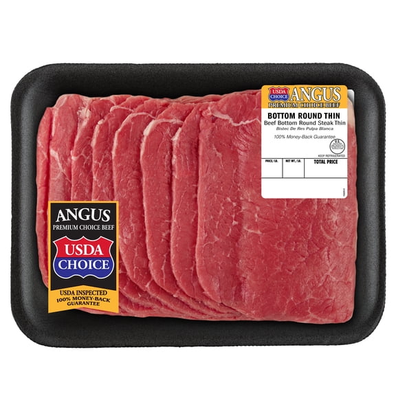 Beef Choice Angus Thin Sliced Bottom Round Steak, 8 per Tray, Fresh, 0.34 - 1.35 lb