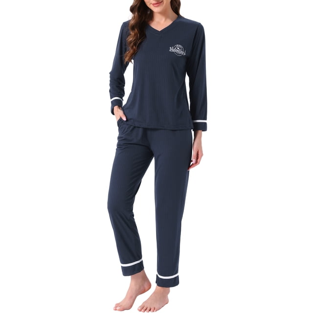 INSPIRAR CHIC Pijamas de Algodón para Mujeres, Conjuntos de Ropa de Dormir de Manga Larga con Pantalones y Bolsillos, Talla XS, Color Marino