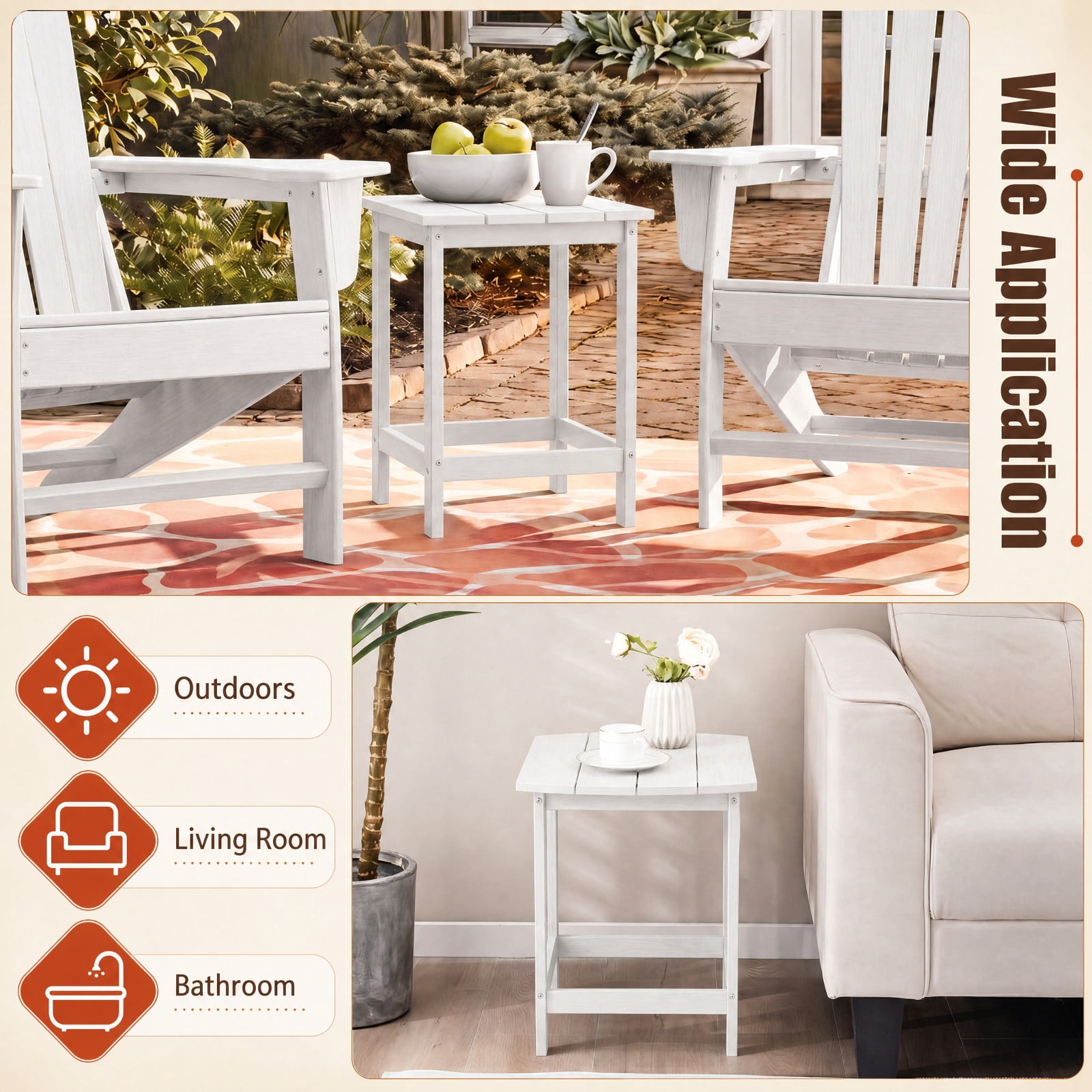 Furnibear 18 Inch Adirondack Outdoor Side Table Set of 2 with Wide Weather Resistant Tops for Patio Garden and Backyard Chairs, White