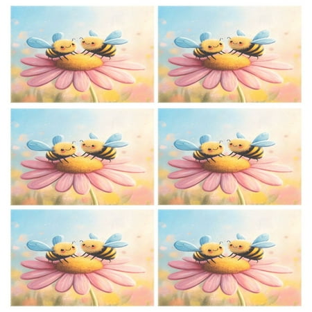 

Ryvnso Placemats Set of 6 Hand Draw Cute Bees Flower Dining Mats Heat-Resistant Non-Slip Washable Table Mat