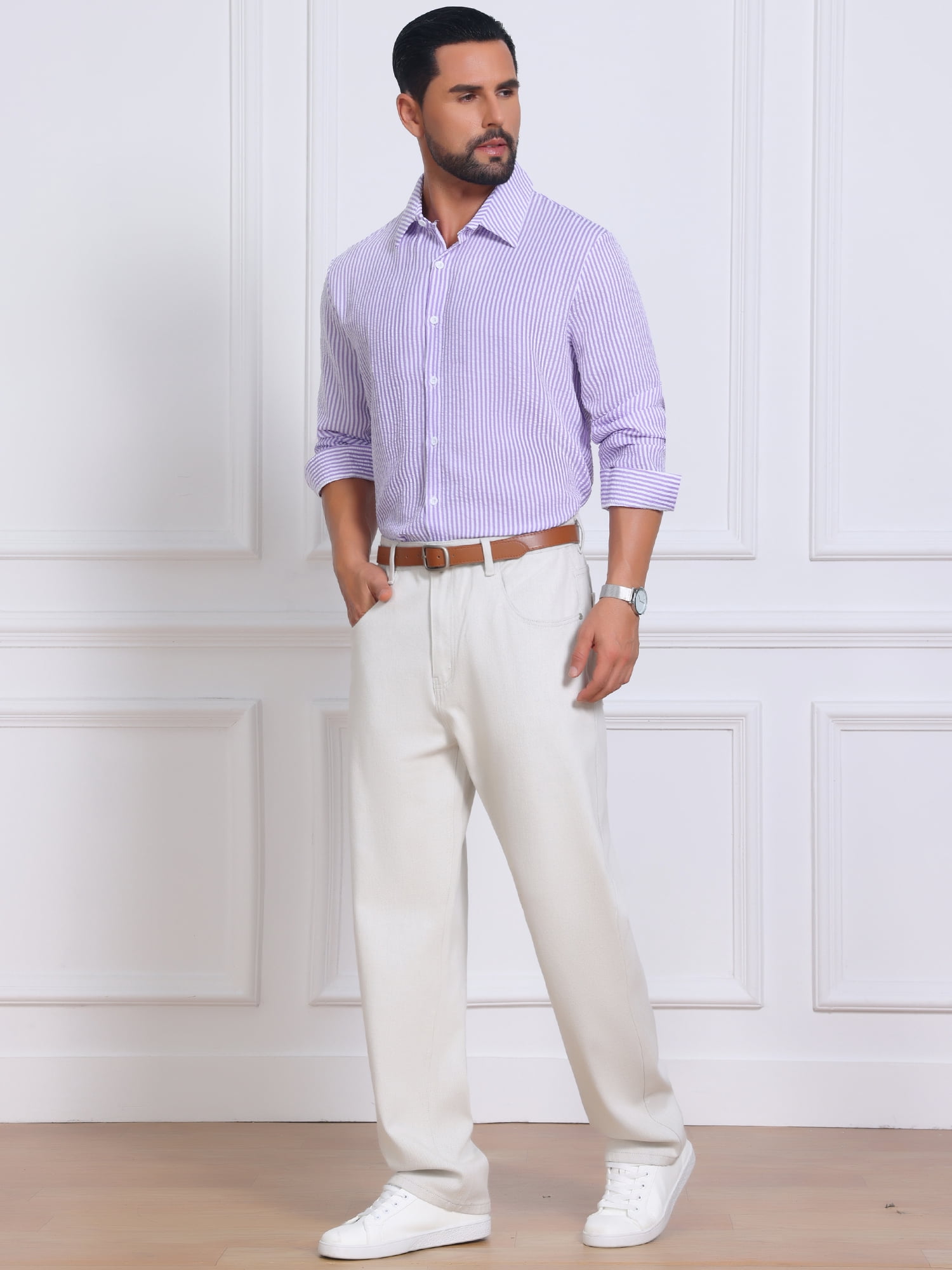 DARING DIVA Men's Seersucker Long Sleeve Button Down Textured Striped Shirts 2XL Purple
