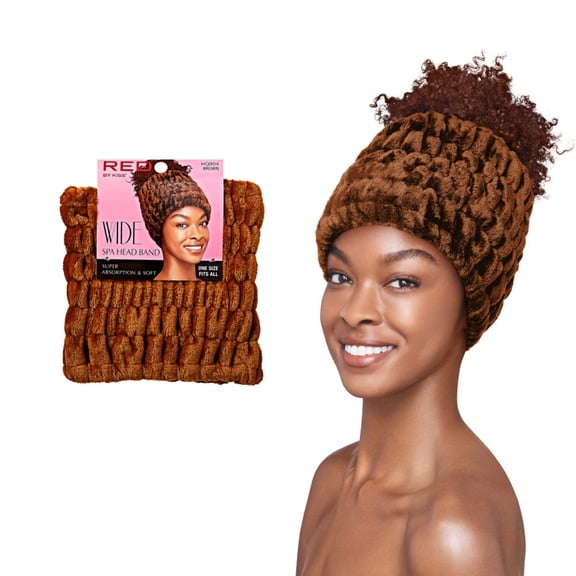 RED by Kiss Extra Wide Spa Headband, Super Absorbent & Soft Fluffy Plush Fleece, Full Hairline Coverage, Essential for Makeup, Skincare, Face Washing, Shower, Sauna, One Size Fits All (Brown)