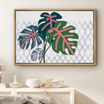 PixonSign Framed Canvas Print Wall Art Green and Pink Monstera Leaves Nature Plants Photography Modern Art Contemporary Colorful Multicolor Ultra for Living Room, Bedroom, Office - 16"x24" Natural