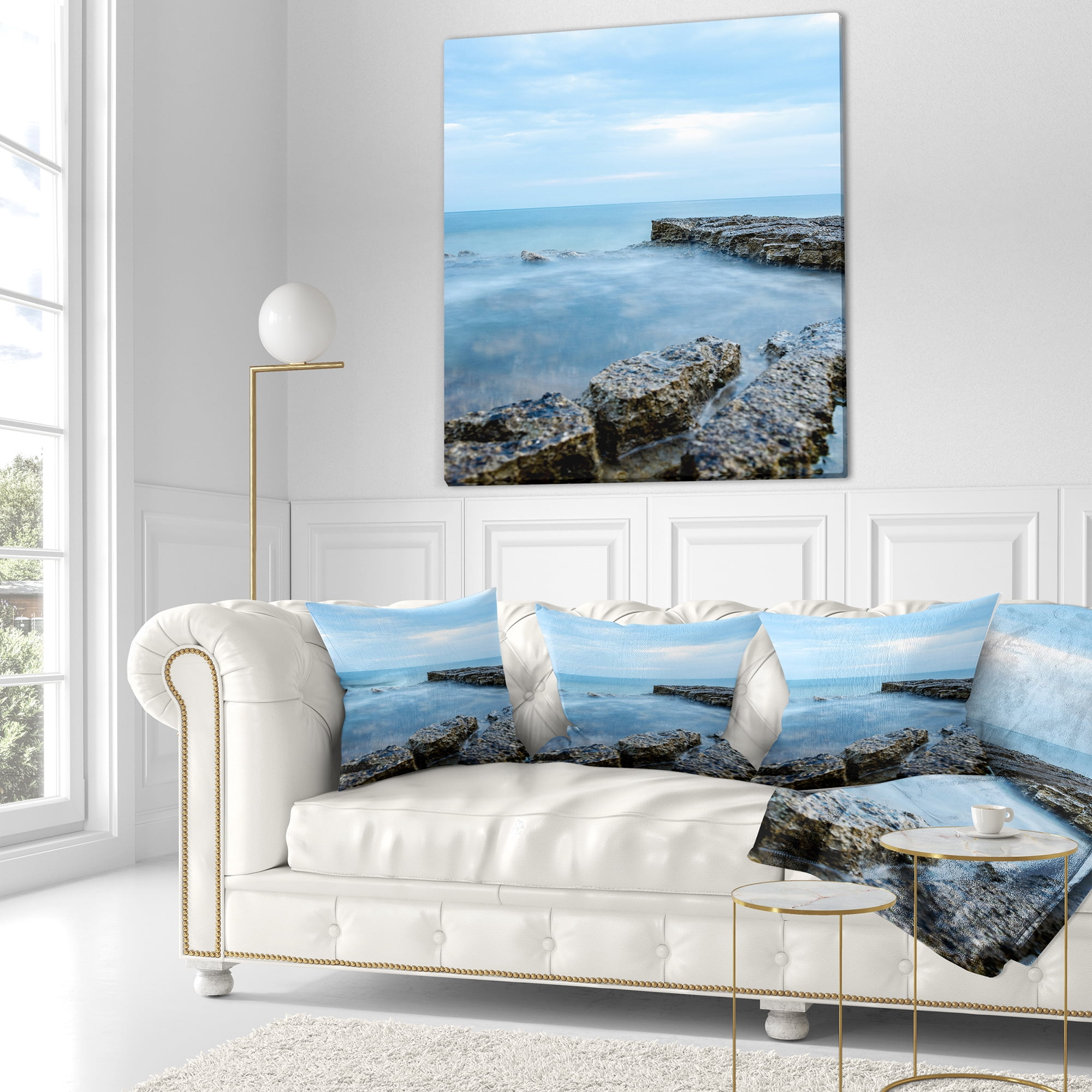 Designart Blue Rocky Seashore - Beach Photography Throw Pillow - 18x18