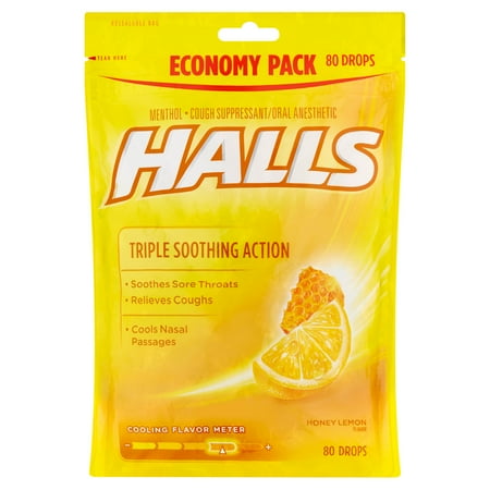 Halls Triple Soothing Action Cough Drops, Honey Lemon, 80 Ct