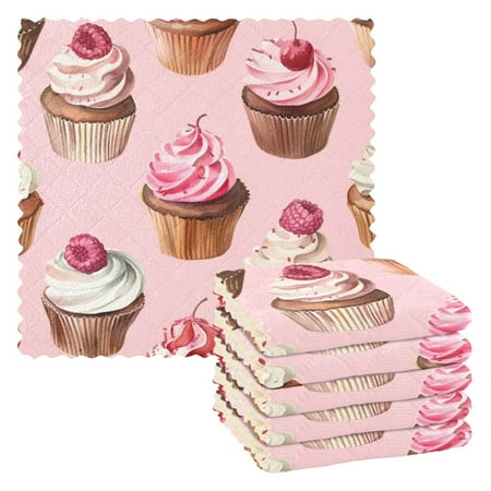 

6 Pieces of Kitchen Towels 11x11Inch Kitchen Dish Cloths Kitchen Dish Towels Reuseable Cleaning Cloths Pink Cupcake