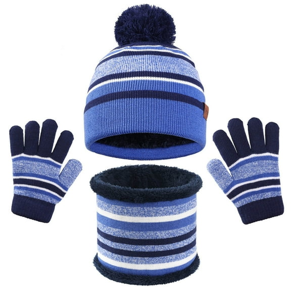 MAOQHI Kids Winter Hat Gloves Scarf Set Hat Scarf and Gloves 3Pcs Set for Boys and Girls Striped Pompom Glove Neck