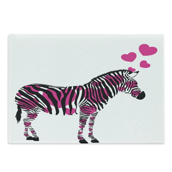 Pink Zebra Cutting Board, Zebra in Love with Hearts Pastel Valentines Wedding Anniversary, Decorative Tempered Glass Cutting and Serving Board, Large Size, Black White Pink, by Ambesonne