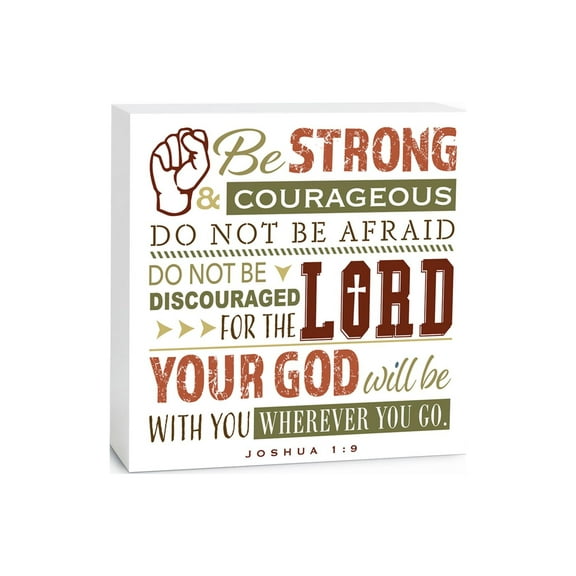 Be Strong Courageous Olive Green Cross 5 x 5 Wood Tabletop Sign Plaque