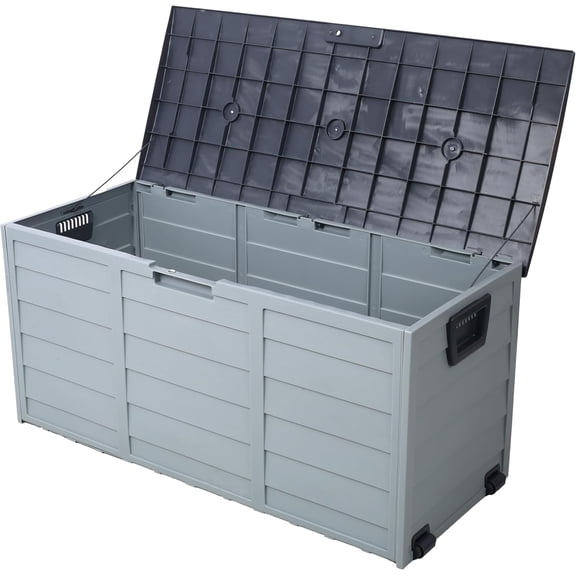 Danniu Modern 75 Gallon Deck Box with Wheels, Rectangular Resin Storage Shed Bin, 44"L x 19.2"W x 21.2"H, Gray, Water Resistant, 250 lbs Capacity, Outdoor Storage Box with Wheels