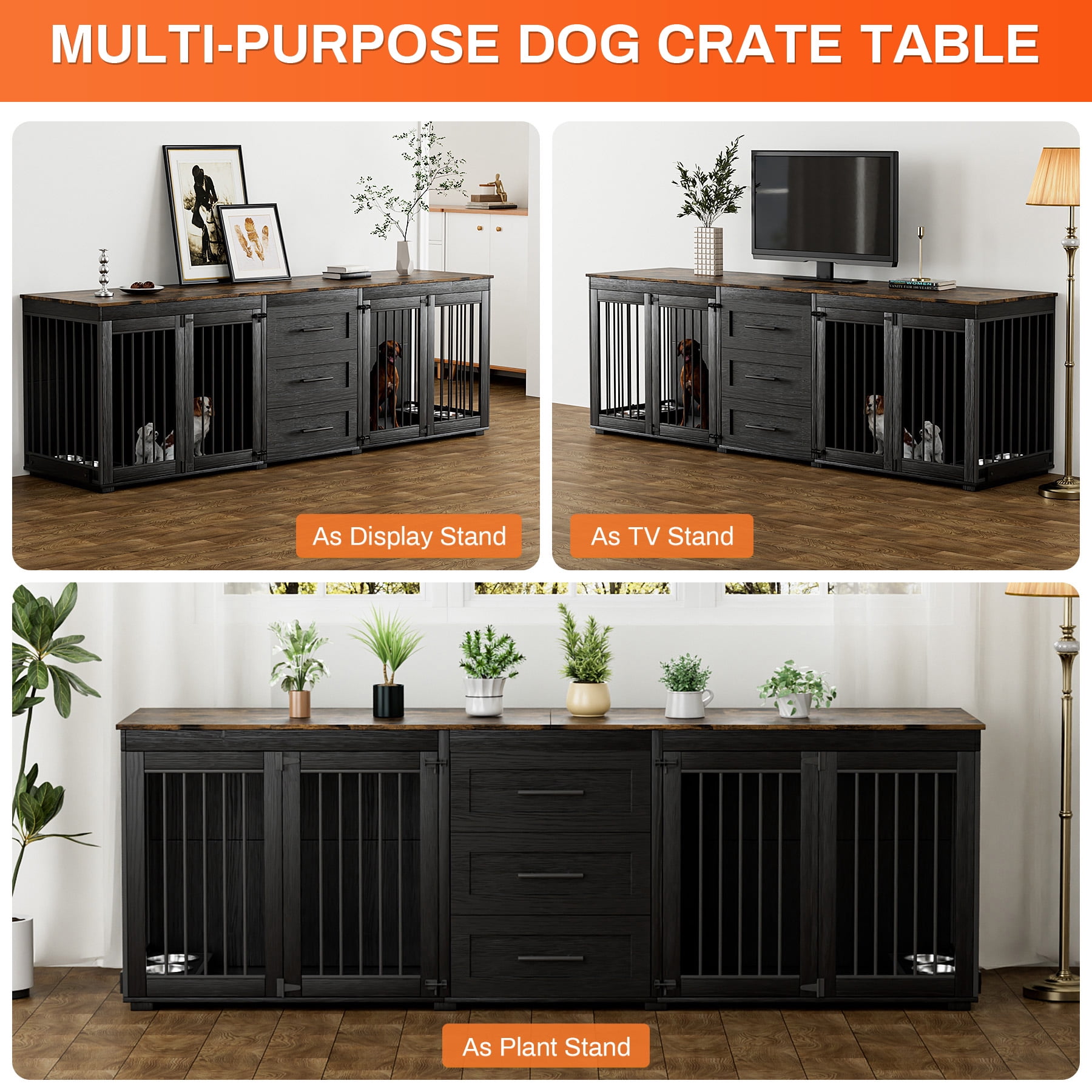 Rophefx 95.4" Dog Crate Furniture for 2 Dogs,Large Kennel with 3 Drawers and 4 Bowls,Wooden Heavy Duty Indoor Dog House,Black Brown