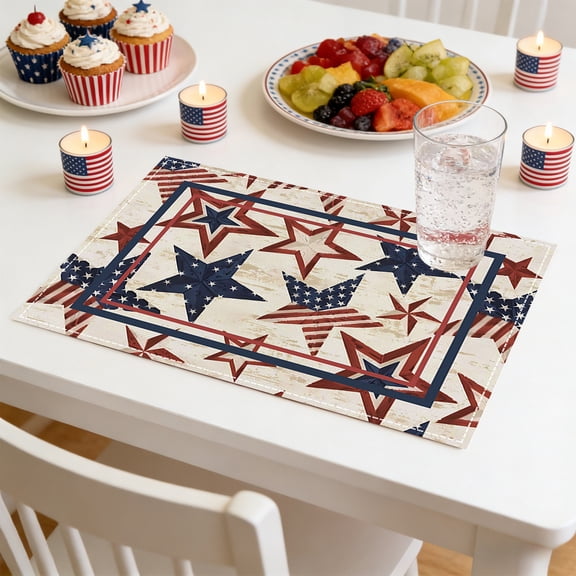 Lksixu 4th of July Patriotic Placemats, 13x16.5 inch Linen Stars and Stripes American Flag Pattern Place Mats, Memorial Independence Day Table Mats Kitchen Dining Table Decorations for Party