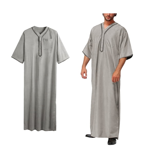Kaftan for Men Casual Short Sleeve Mens Summer Robe V Neck Men Muslim Clothing Grey Robe