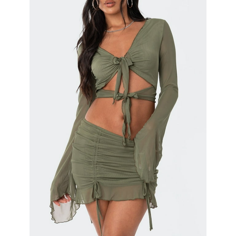 Womens Sheer Mesh 2 Piece Skirts Set Long Sleeve Tops with Split