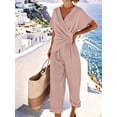 thumbnail image 5 of Women'S Outfits V Neck Cap Sleeve Crop Top Wide Leg Pant Sets Pink S, 5 of 7