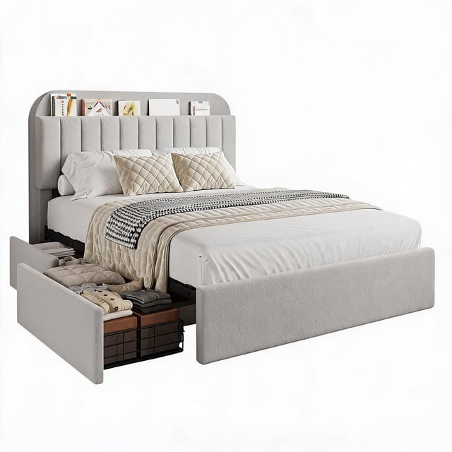 Full Bed Frame with Storage Headboard & 2 Drawers – Boucle Upholstered Kids Platform Bed | Open Bookcase Headboard | Underbed Drawers (4 Positions) | No Box Spring Needed