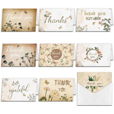 9pcs Thank You Cards Multipack Retro Flower Theme Greeting Cards with Envelopes for Wedding Bridal Shower Birthday Christmas Thanksgiving Day Invitation Cards for DIY