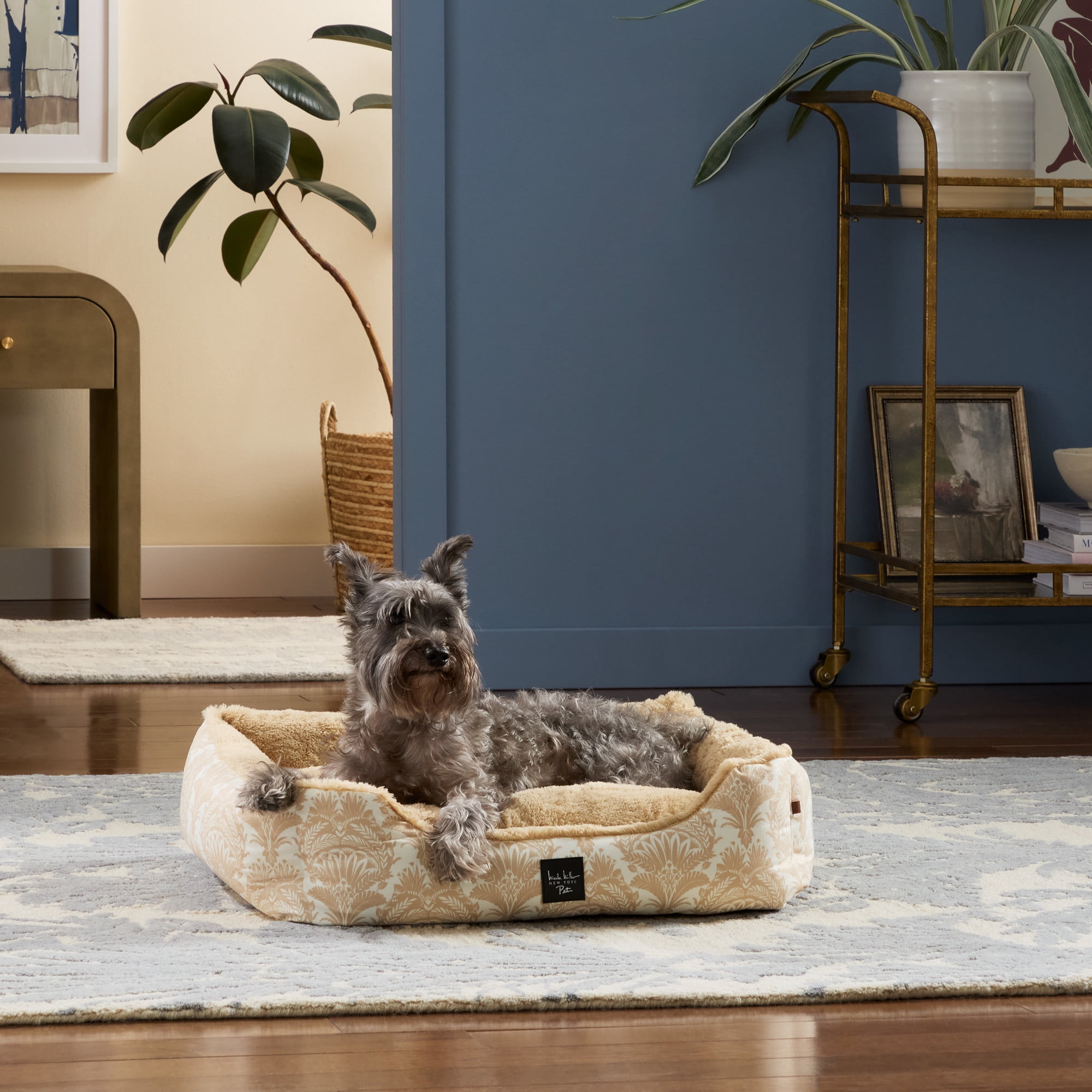 NICOLE MILLER NEW YORK PET Mod Damask Plushy Bolster Pet Bed, Cozy & Calming, Water Repellent, Non-Slip Bottom, 100% Machine Washable, Blue, Small 24"x19"x7"
