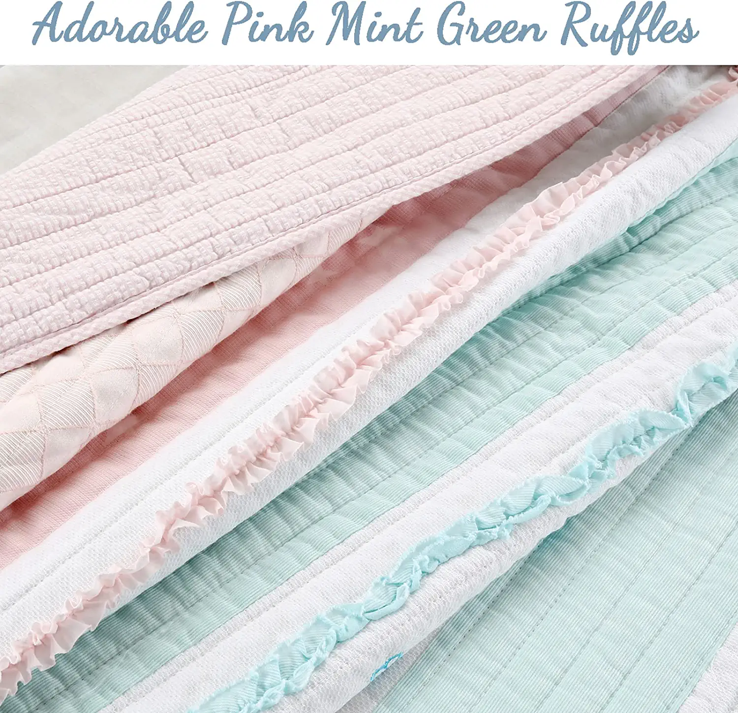 Cozy Line Light Pink Blue Ruffles Girl 100% Cotton 2 Piece Reversible Quilt Bedding Set, Candy, Twin