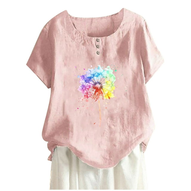Camisas de Manga Corta para las Mujeres, Blusa de Botón de Impresión Casual con Cuello Redondo Hecha de Tela Suave Transpirable para Verano Primavera, Blusas de Manga Corta para las Mujeres