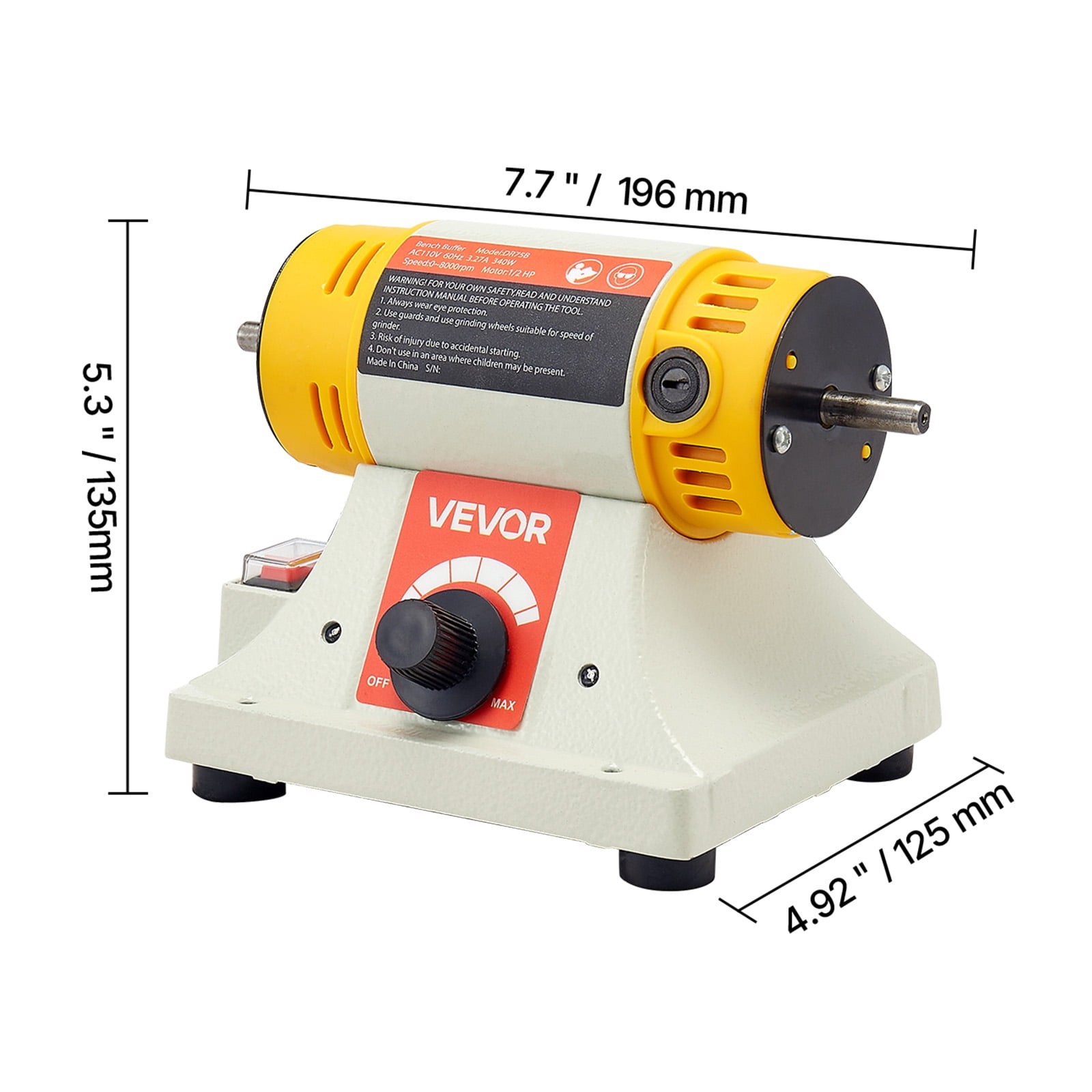 VEVOR Bench Buffer Polisher, 1/2HP Polishing Buffing Machine, 0 to 8000RPM Benchtop Polisher Grinder with 4" Cloth Wheel, 3" Grinding Wheel & 3" Fiber Wheel for Metal, Jewelry, Wood and Plastic