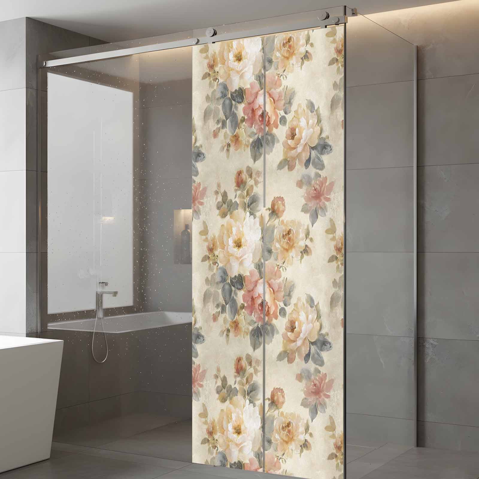 Spring Floral Window Privacy Film, Oil Painting Flower Pink White Peony Retro Romantic Frosted Glass Window Clings Static Cling UV Heat Blocking Reusable Door Sticker for Bathroom 23.6 x 59 Inch