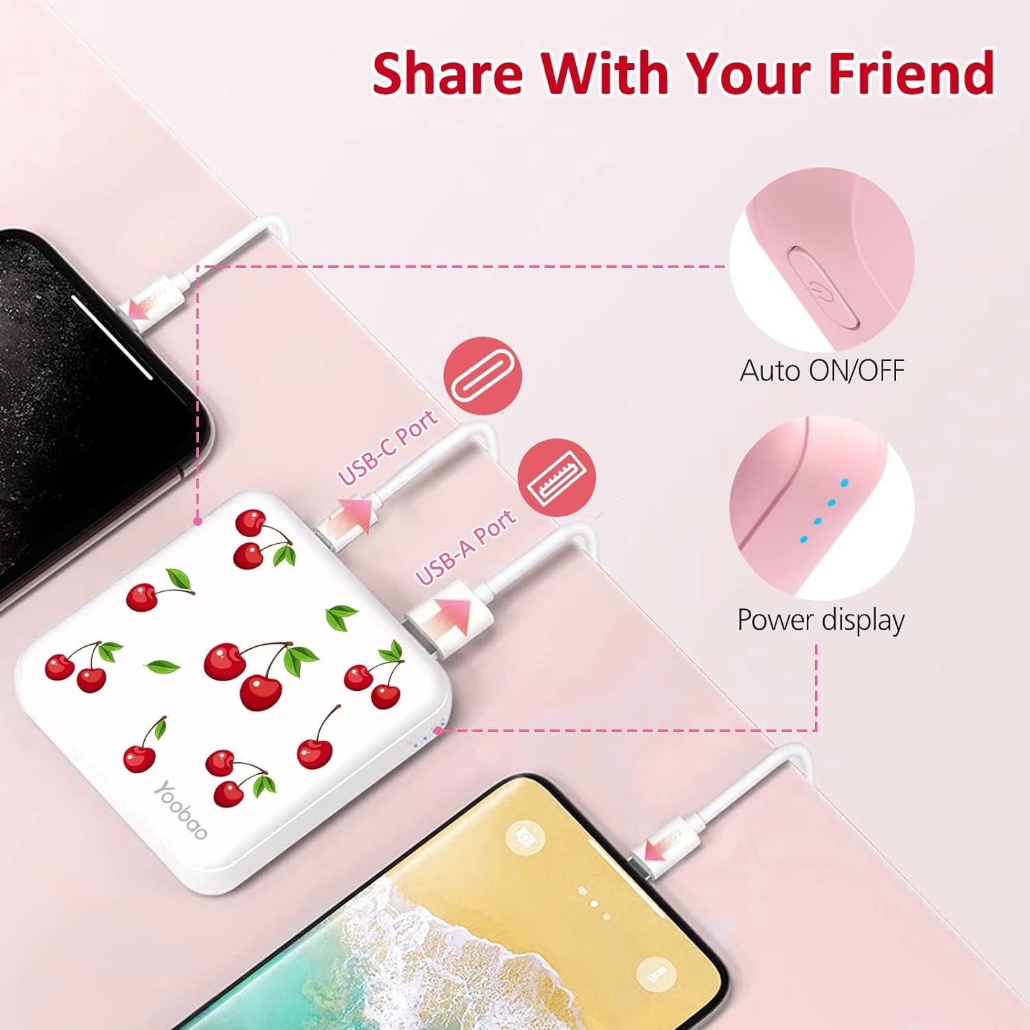 Yoobao Portable Charger 10000mAh Pink Power Bank for Girls Compact