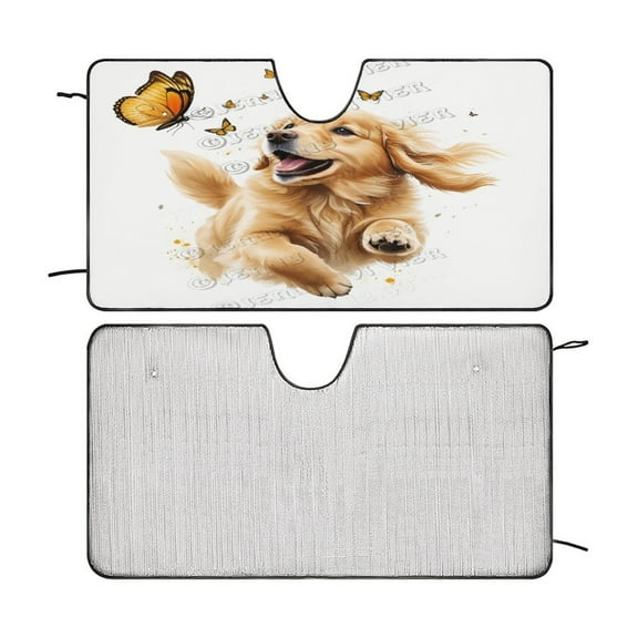 Golden Retriever Car Windshield Sunshade with Pet Design, Cute Cartoon Design Front Auto Car Windshield Sun Shade Folding Silvering Sun Visor 55"x30"