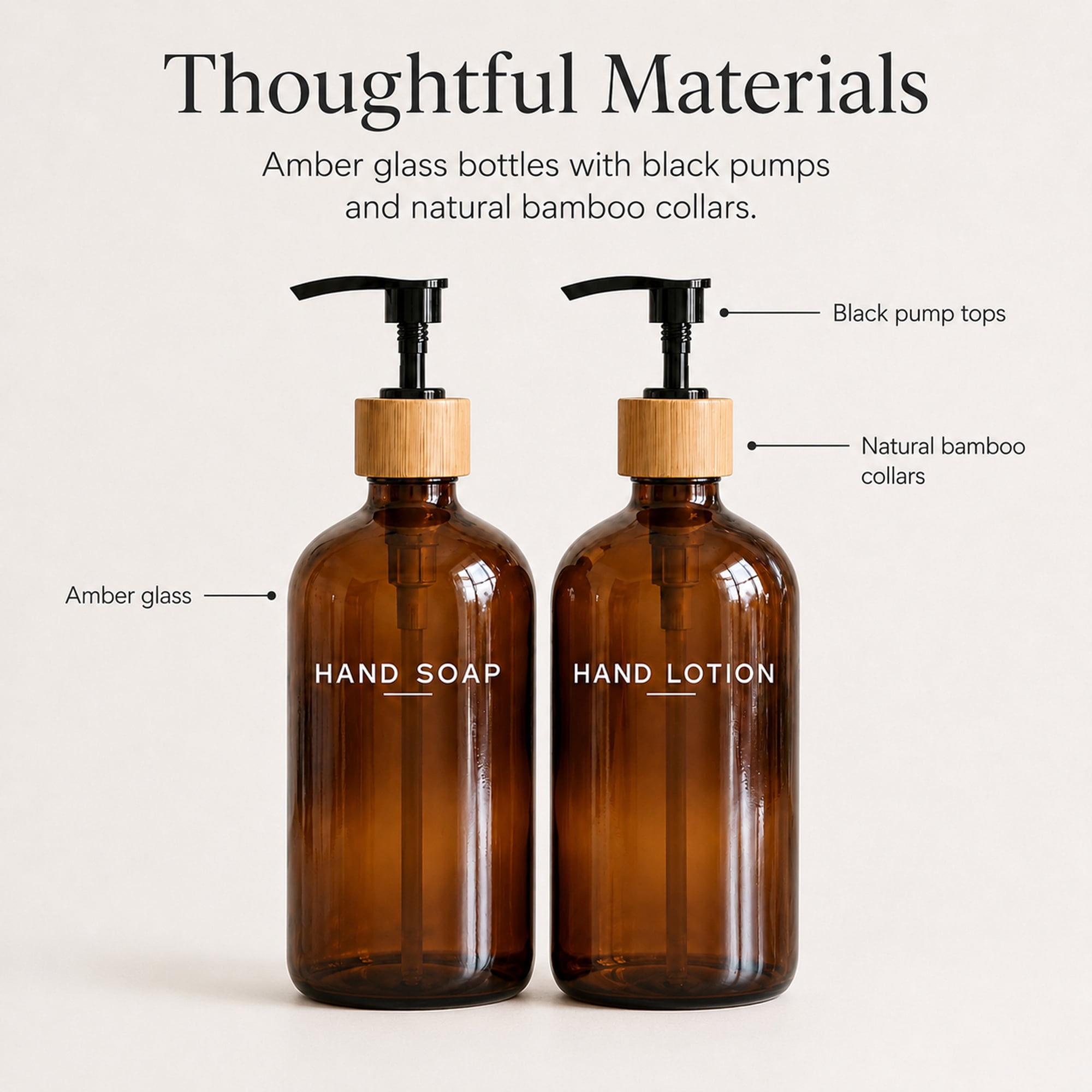 Glass Soap and Lotion Dispenser Set, 2 Pack Refillable Hand Soap and Dish Soap Bottles with Black Pumps, 16 oz Countertop Dispensers for Kitchen Sink, Bathroom Vanity, Amber and Clear