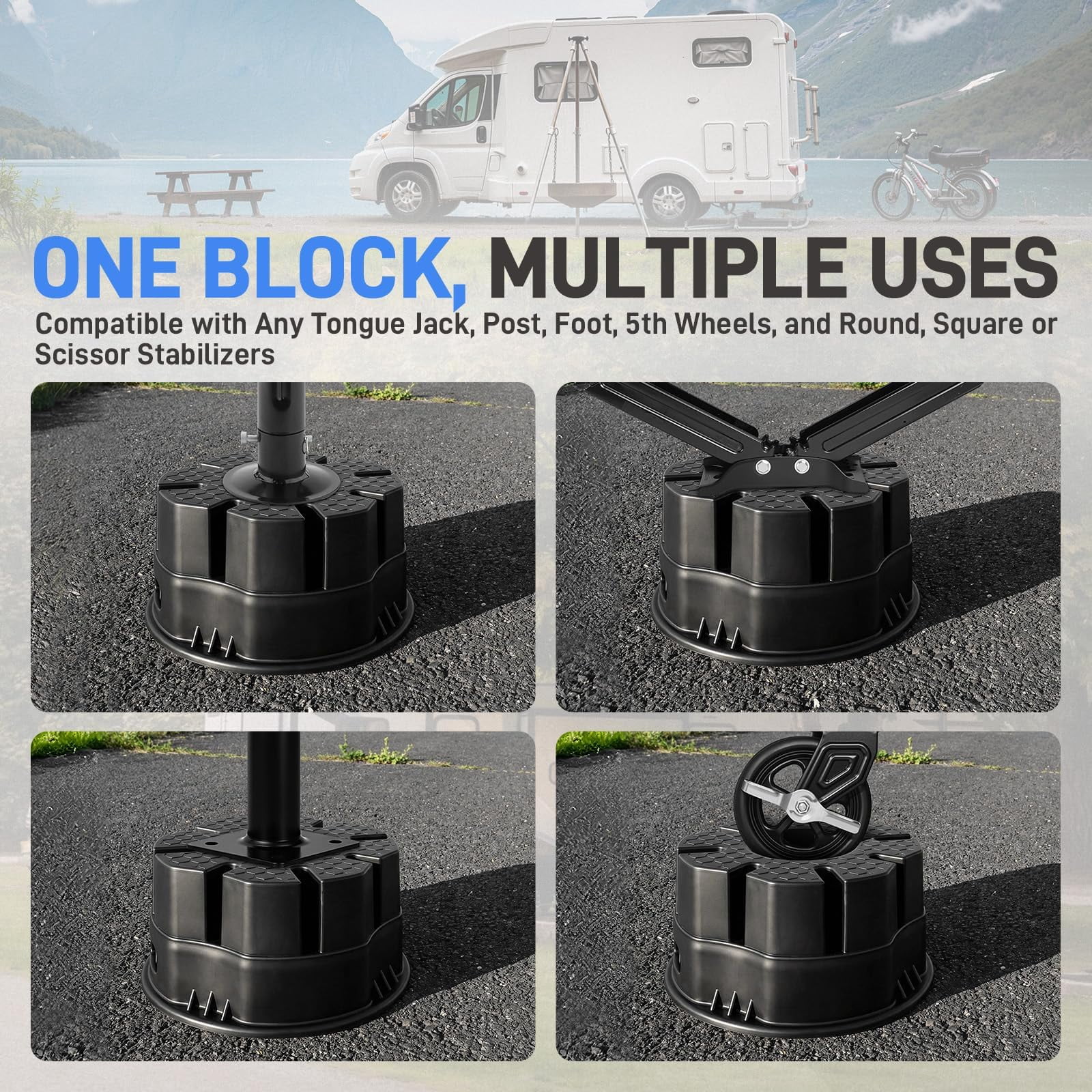 4-Pack Trailer Jack Block, 10000 lbs Load Capacity, RV Stabilizer Blocks for Tongue Jack, Post, Foot, and 5th Wheel – Durable and Versatile RV Camping Accessories