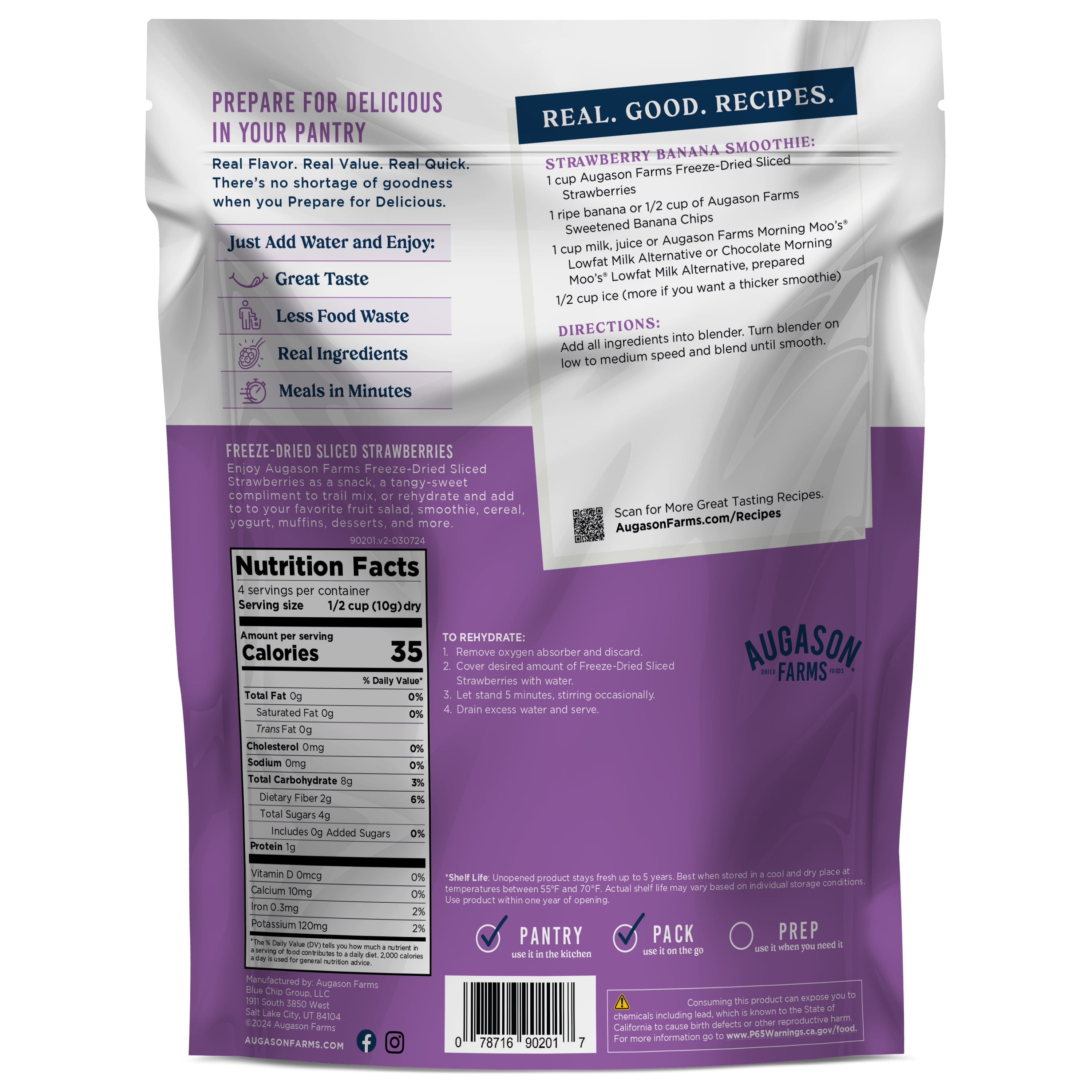 (4 pack) Augason Farms Freeze Dried Sliced Strawberries Pouch - Gluten Free Snack for Baking, Smoothies, and Emergency Storage - Healthy Individual Fruit Snacks – 1.4 Ounces (4 Servings)