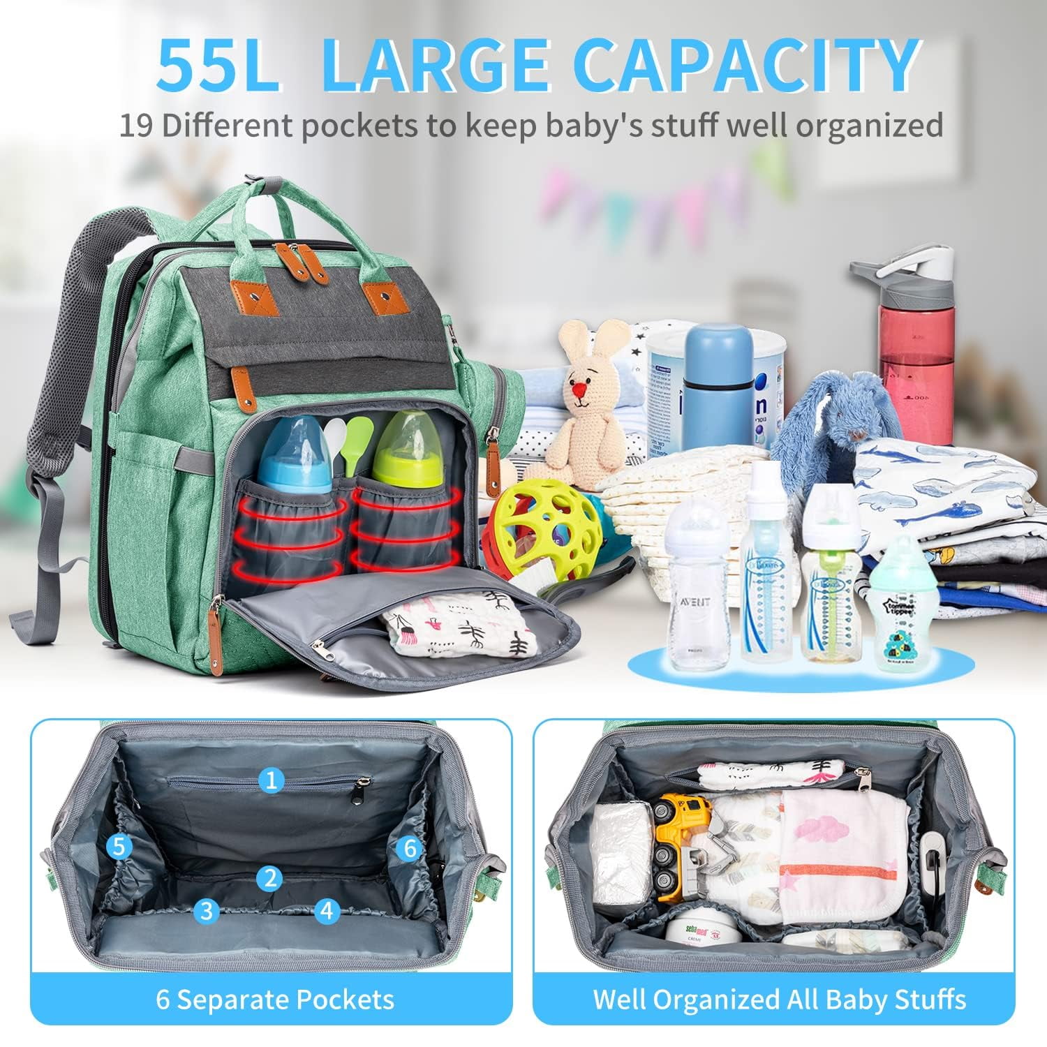 Diaper Bag Backpack, Large Baby Diaper Bags for Boys Girls, Baby Bag with USB Charging Port, Multifunction Waterproof Travel Back Pack for Moms Dads, Green Grey