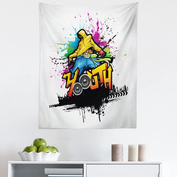 Youth Tapestry, Young Man Hip Hop Culture Graffiti Art and Street Culture Performer Colorful Grunge, Fabric Wall Hanging Decor for Bedroom Living Room Dorm, 5 Sizes, Multicolor, by Ambesonne