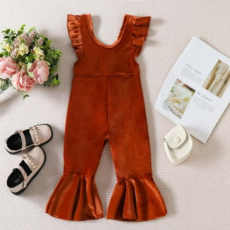 

Ganfancp Toddler Girls Stylish Ruffled Overalls - Soft Polyester Solid Color Flared Trousers for Casual & Photoshoots Clearance