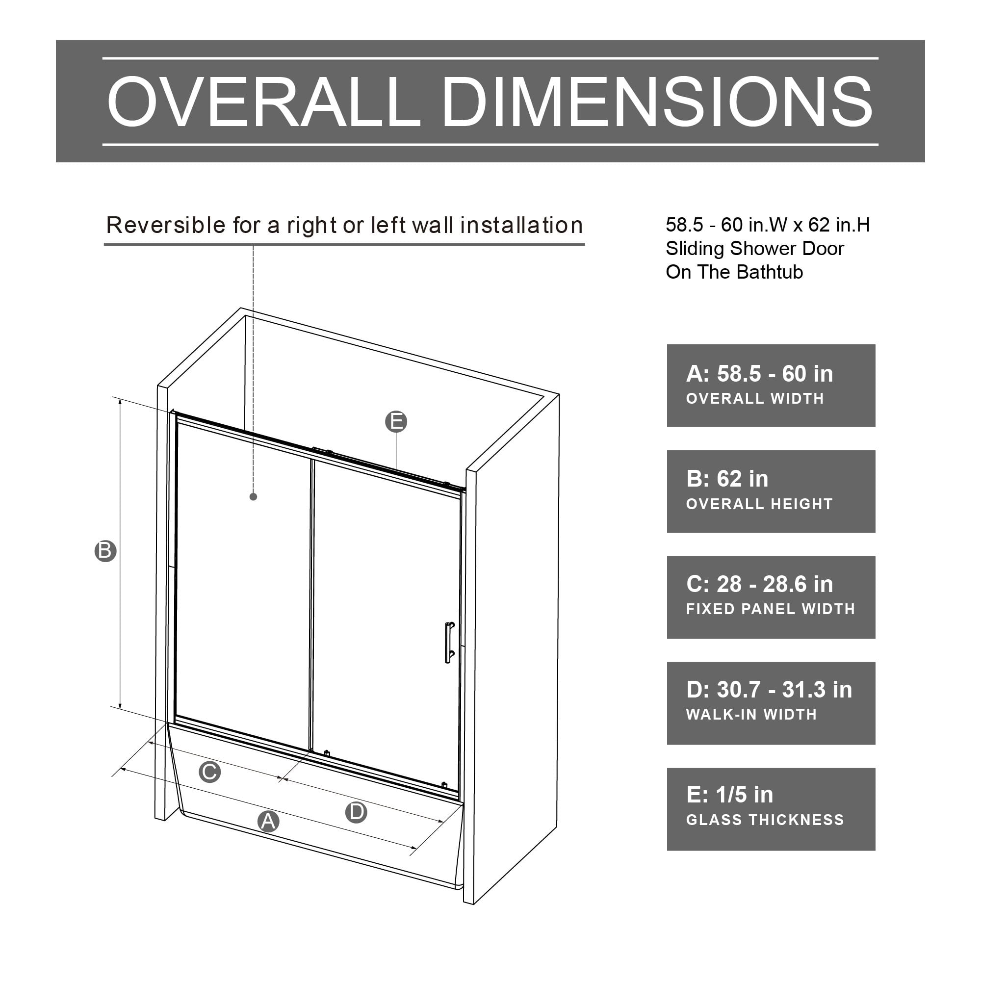 MAYEERTY Single Sliding Bathtub Door, Black Aluminum Frame, 1/5" Tempered Glass with Stainless Steel Handle, Silent Sliding & Waterproof