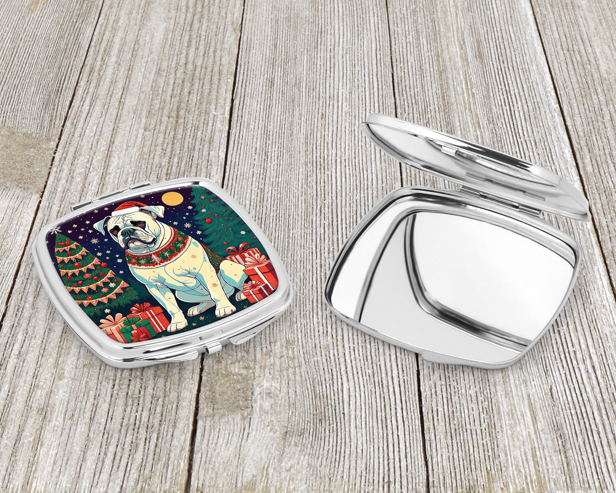 White Boxer Christmas Compact Mirror 2.75 in x 3 in