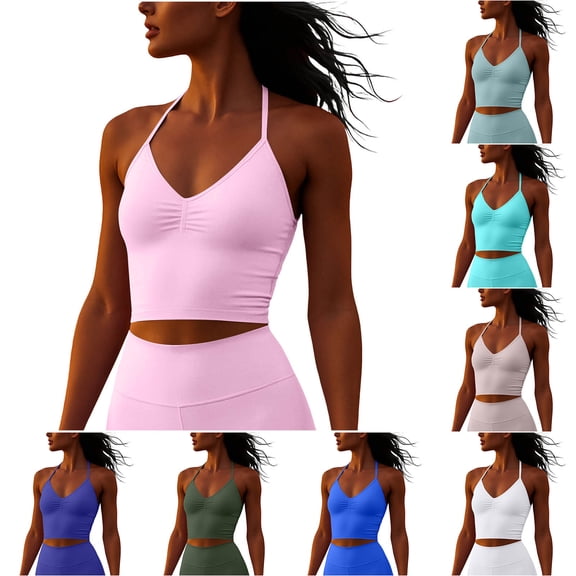FNFYFH Women's Halter Yoga Tank Tops Sleeveless Crop Workout Tops Backless Gym Longline Bra