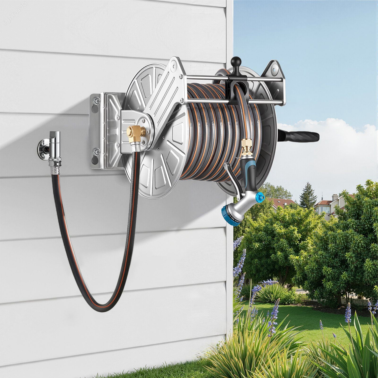 Garden Hose Reel Wall Mounted, 150ft Hose Holder, Stainless Steel Winder