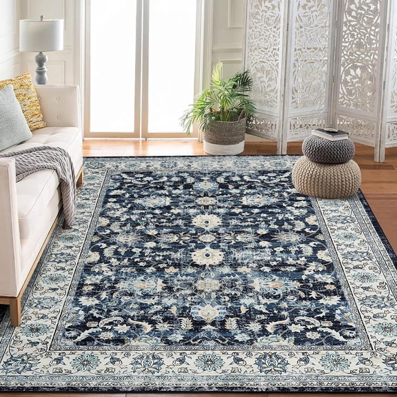 Vintage Tribal Area Rug 9x12 Washable Low Pile Non Slip Indoor Carpet Distressed Traditional Floor Rug for Living Room Bedroom Dining Room Office,blue
